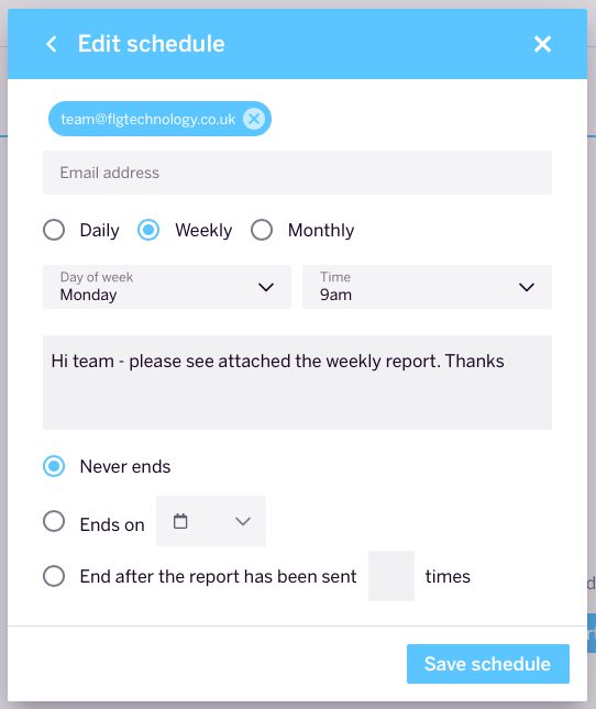 Schedule reports with FLG Insights
